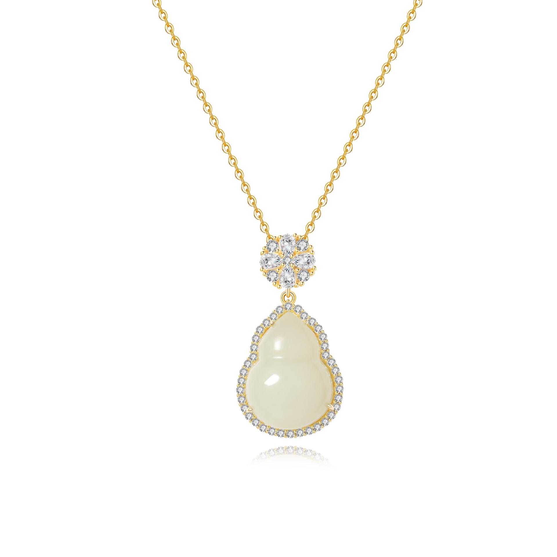 S925 Sterling Silver Chinese Gourd Pendant Necklace with Hetian Jade - Elegant High-End Women s Accessory Sterling Silver