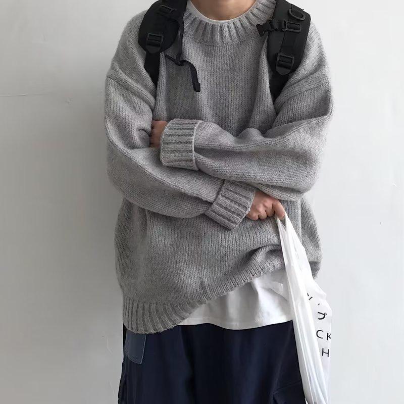 Unisexový japonský volný pletený zimní svetr - Trendy svetr s kulatým výstřihem pro muže a ženy