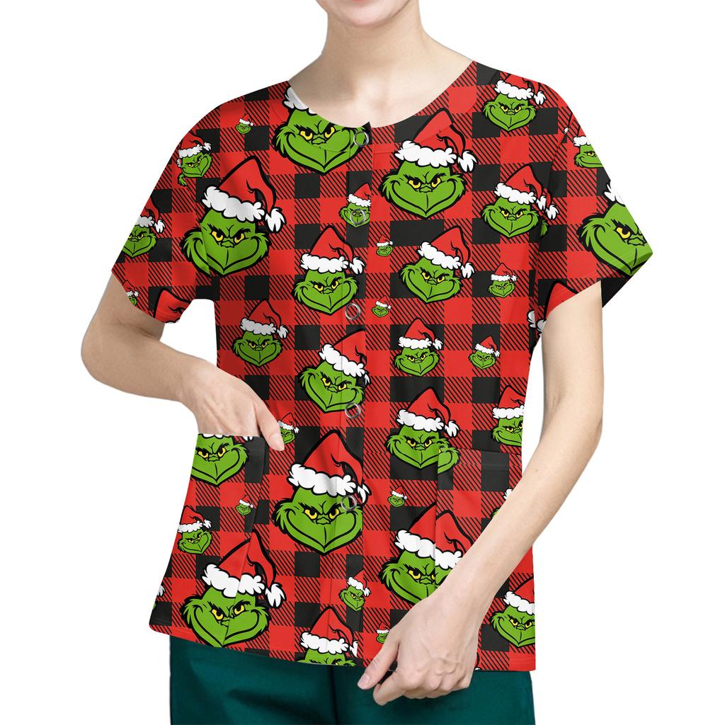 Women's Short Sleeved Patterned Pockets, Work Print Stand Up Collar, Single Breasted Protective Clothing, Cardigan Jacket, Top