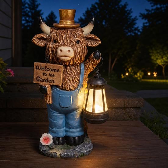 Garden Highland Cow Statue with Battery Powered Lantern, Small Highland Cow Figurine with Welcome Sign, Outdoor Resin Sculpture for Lawn, Patio, Porch
