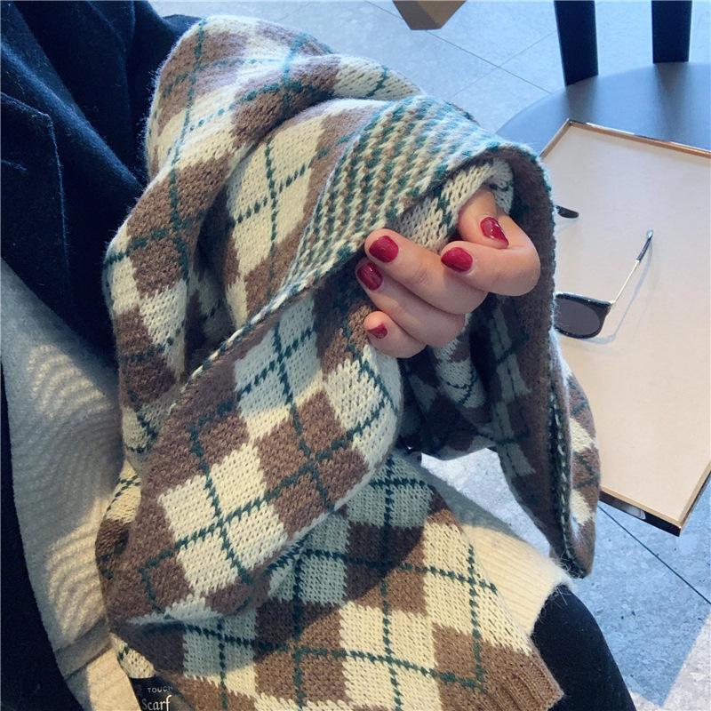 Rhombus plaid scarf women's winter versatile students autumn and winter thickened warm wool knitted scarf men