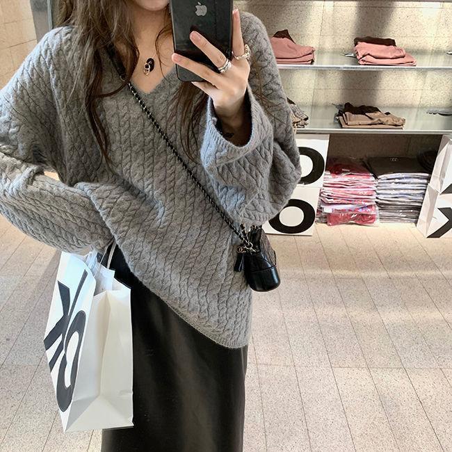 Retro Nische lose Pullover Pullover weiblich V-Ausschnitt Pullover Pullover Frauen weiche wachsartige süße Oberbekleidung gestrickte Twist Pullover weiblich