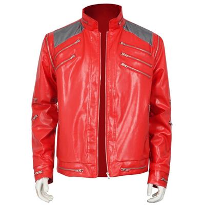 Punk Michael Jackson Red Jacket Cosplay Costume Men Classic Beat It Stage Outfit Shoulder Mesh Multiple Zipper Details