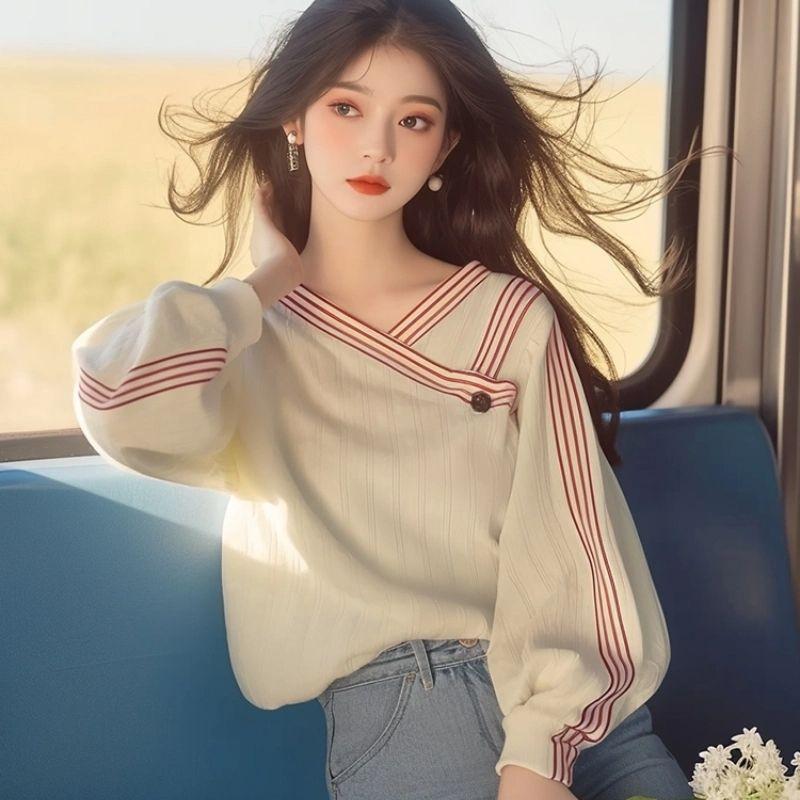 

Тонкий топ большого размера в корейском ленивом стиле на весну и осень, с приспущенным плечом, полосатый худи с длинным рукавом для женщин 4XL белый