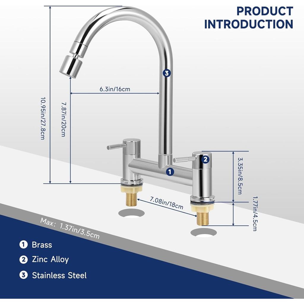 Kitchen Bridge Mixer Taps with 360° Swivel Spout, 2 Hole Sink Mixer Taps Dual Levers Faucet, 180 Mm Centers Deck Mounted Chrome Sink Tap 2 Function