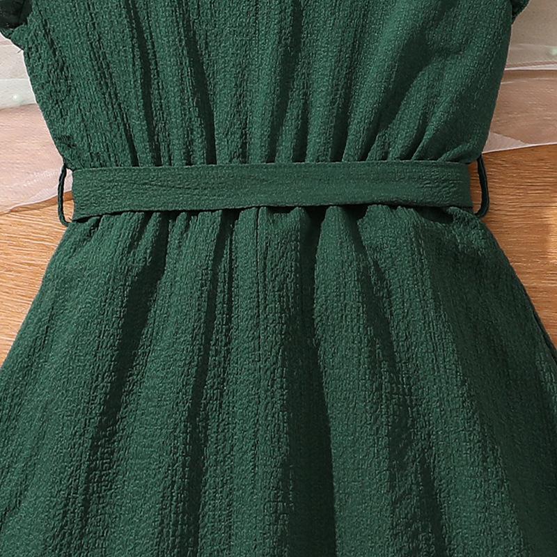 Κορίτσια γλυκό φόρεμα καλοκαίρι παιδιά μόδας μύγα μανίκι δαντέλα-up υφή αδυνατίσματος φόρεμα