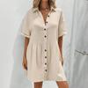Women's Short Sleeve Shirt Dress Lapel V Neck Button Down Swing Dress