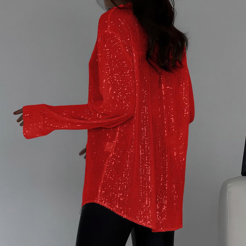 2026 Sexy Sequin Sparkle Lapel Single-Breasted Long Sleeve Women's Shirt