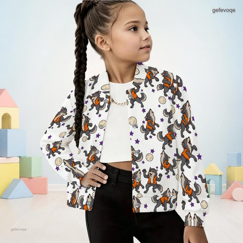 Girls Stand Collar Long Sleeve Cartoon Werewolf Moon Star Print White Jacket
