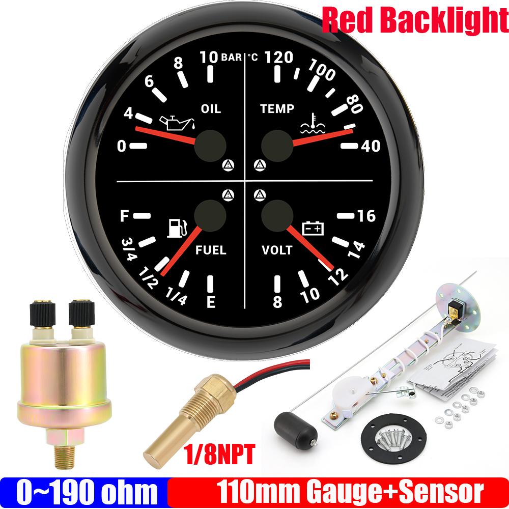 ZMFJH 110mm Gauge with Sensor Warning Red LED 4IN1 Multi-Meter Red LED Oil Pressure Gauge+Water Temp+Fuel Level Gauge+Volt 12V