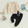 Toddler Boys Fall Outfits Pocket Embroidery Crew Neck Long Sleeve Sweatshirts and Long Pants 2Pcs Clothes Set