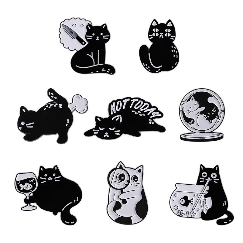 2-8pcs/set Cute Cat Enamel Pins Cartoon Big Eyes Black Kitties with Knife Animal Brooches Lapel Badge Jewelry Gifts For Friends