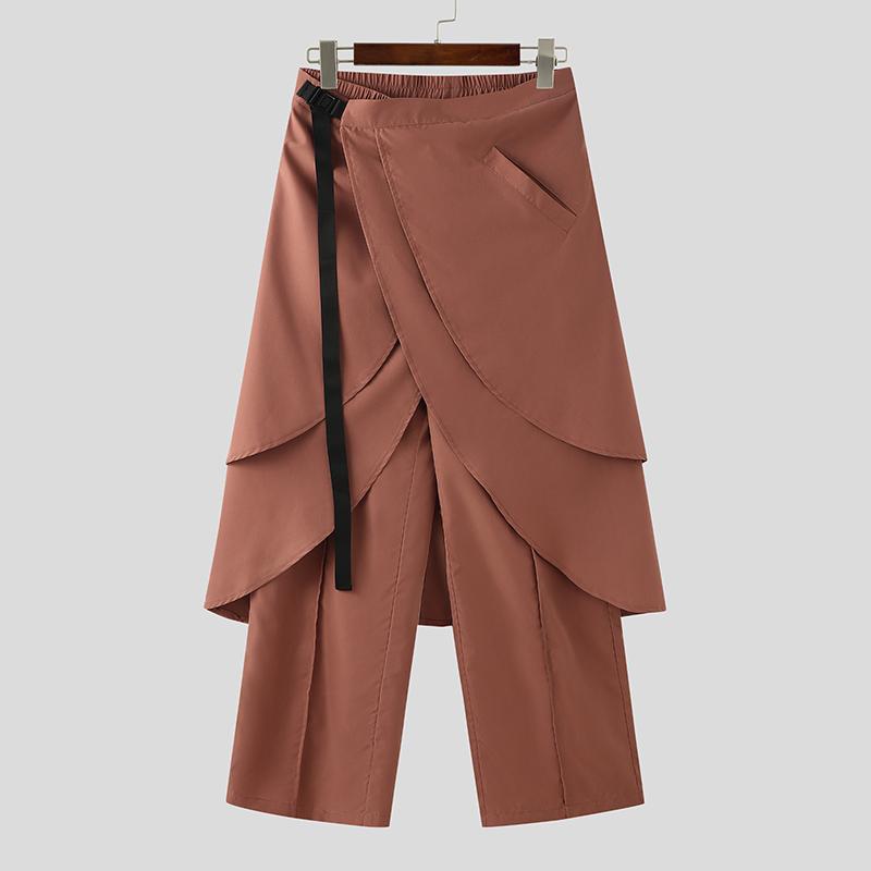 INCERUN Men Elastic Waist Layers Ruffled Pants Casual Irregular Long Trousers