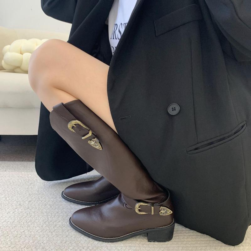 Coarse heel boots women's spring and summer new pointed toe versatile knee boots with skirt knight boots