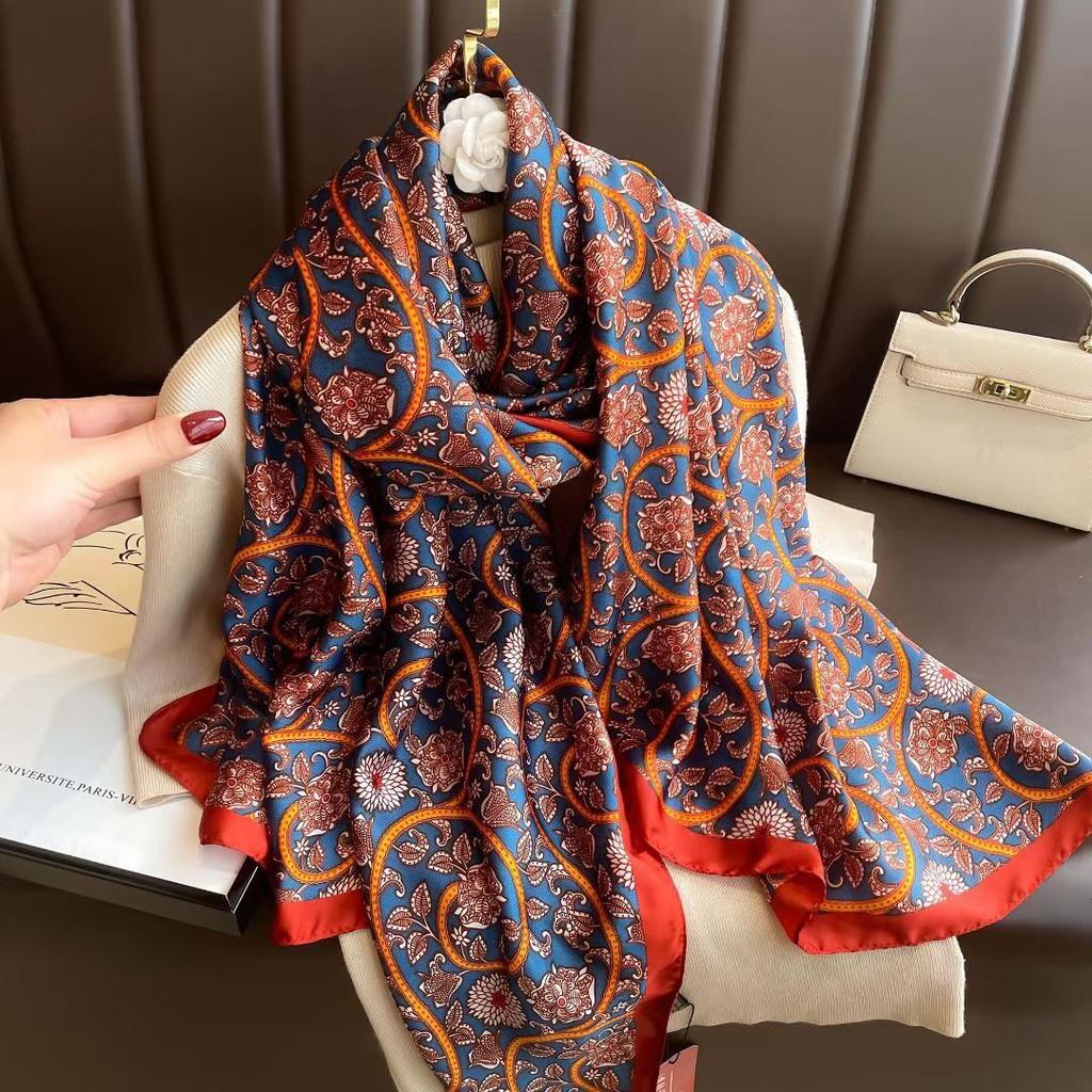 New Imitation Silk Scarf High-end Versatile Printed Scarf Fashionable and Elegant Celebrity Sun Protection Shawl