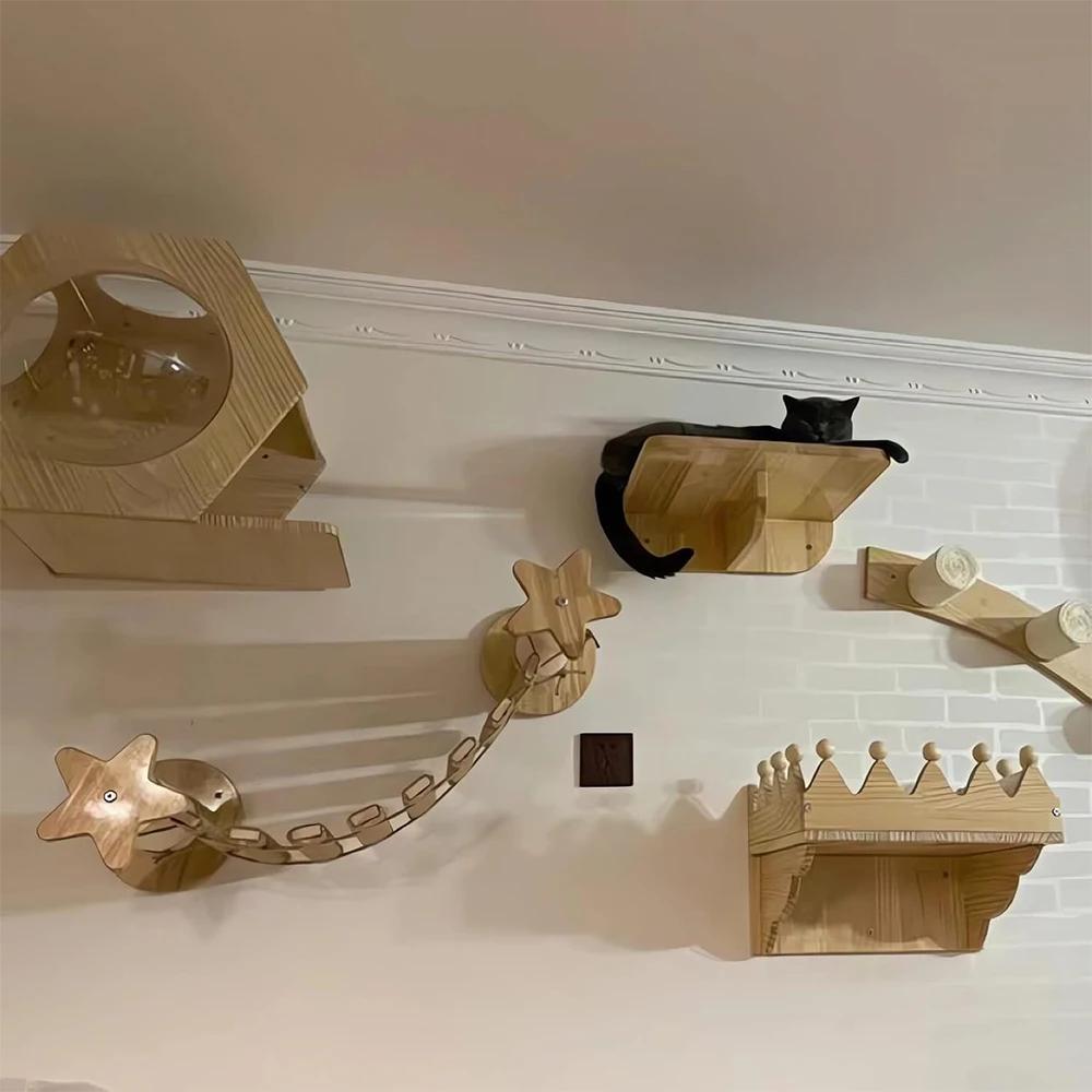 Wall-mounted Cat Climbing Frame Wooden Cat Scratching Post Hammock and litter box for kittens Perch Sleeping Cat Bridge