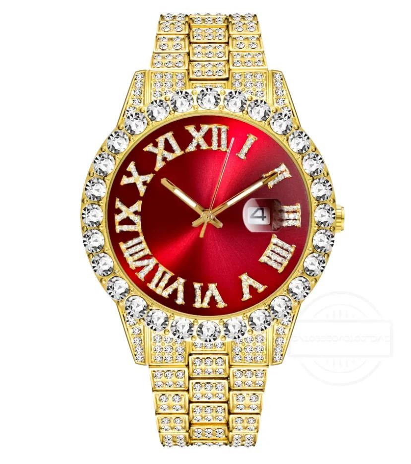 1/2pc Watch Bracelet Hip Hop Stainless Steel Gold Color Calendar Watch for Men Iced Out Paved Rhinestones Men Watch Reloj Hombre