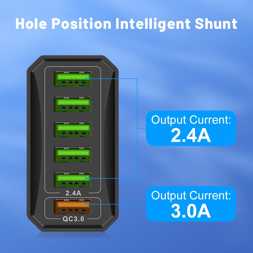 30W 6-Port QC3.0 Multi-Plug Fast Charger for EU, US, UK, & Korea