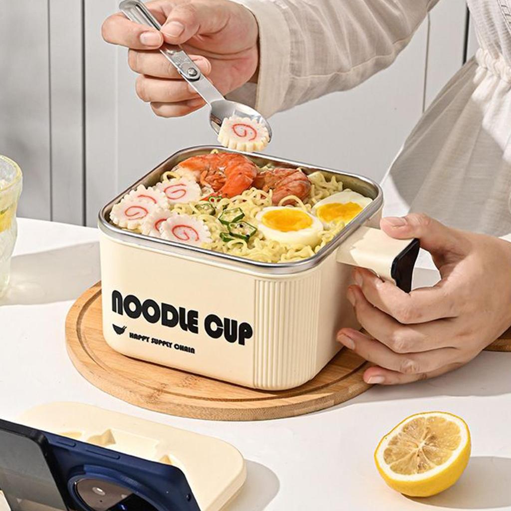 Instant Noodle Bowl Stainless Steel Pot with Spoon Handle Large Noodle Bowl Microwave Pasta Cooker for Cooking Soup Adults Teens