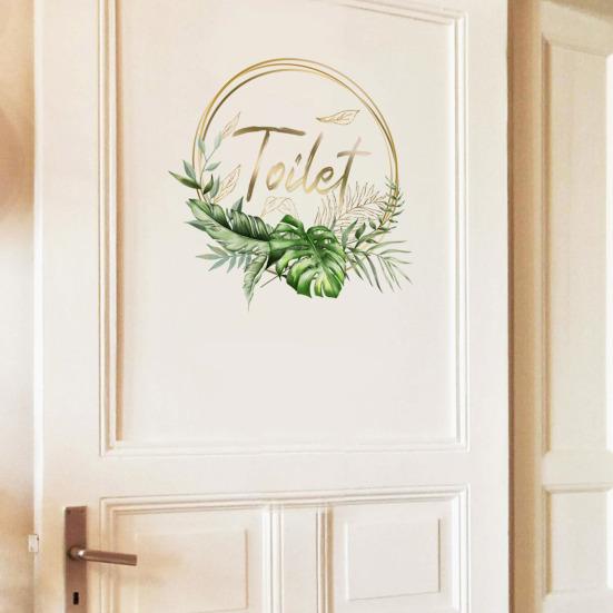 Green Plant Toilet Door Sticker Golden Letter Removable Self-adhesive Waterproof PVC Bathroom Decoration Decal Home Supplies