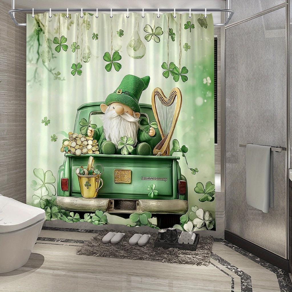 St. Patrick'S Day Shower Curtain - Leprechaun, Green Hat & Shamrocks, Floating Clovers & Harp, Water-Resistant Polyester