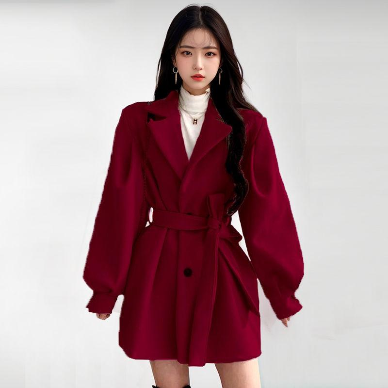 

Новинка осень зима новый женский тонкий талии удобный костюм длинное пальто свободный тонкий пуговицы однотонный простой шнуровка V-образный вырез пальто 4XL вино красного