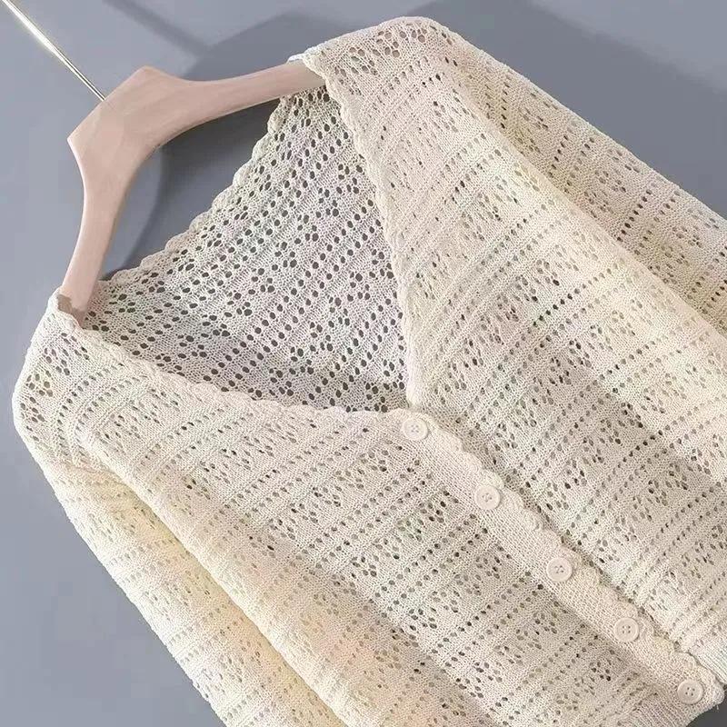 Women V Neck Hollow Diamond Crochet Knit Cardigan Single Breasted Thin Short Knitted Sun Protection Outerwear