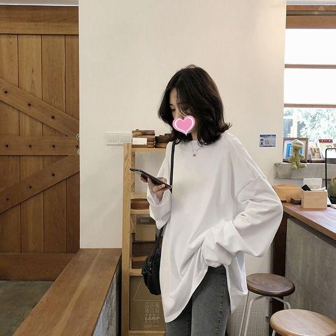2025 Women's Loose Korean-Style White Long-Sleeve T-Shirt for Autumn/Winter