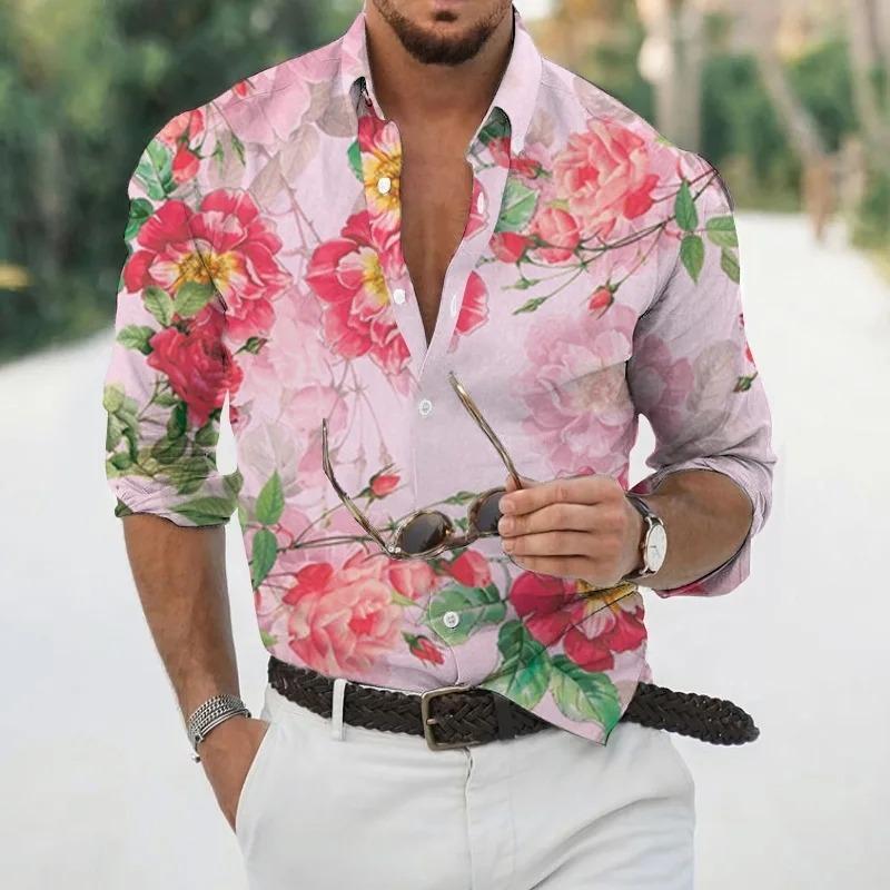 2024 Neues Hawaii Tropisches Luxus 3D Gedrucktes Blumenmuster Hemd Herrenmode Bequem Lässig Langarm Strand Roll-On Oberteil