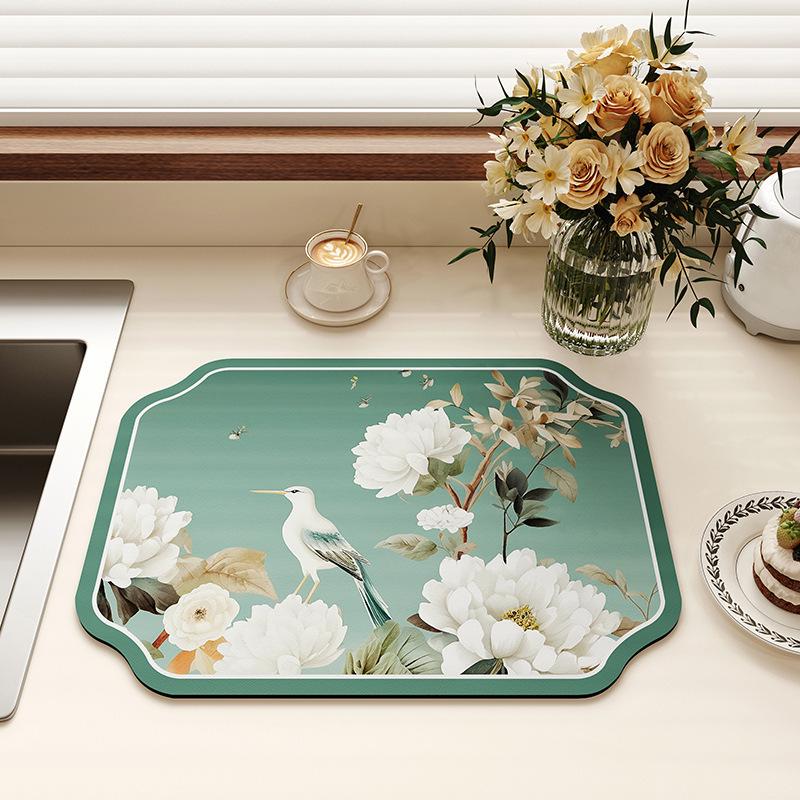 Chinese-Style Irregular Flower & Bird Diatom Mud Coffee Mat: Stain-Resistant, Easy-Clean, Non-Slip Kitchen Draining Mat