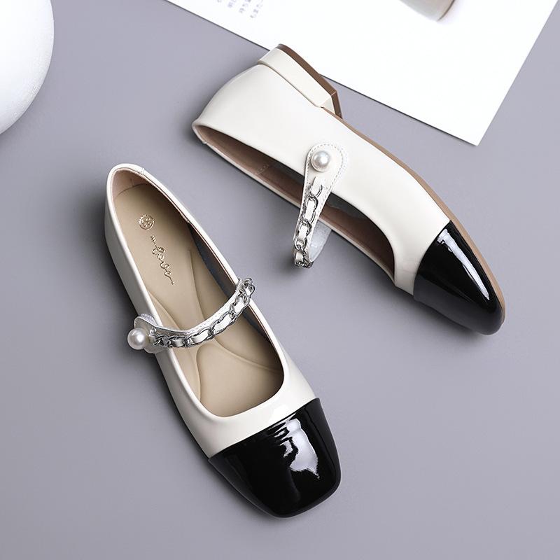 Fashion Luxury Gold/Silver Mary Janes Woman Low Heels Flats Shoes Chain Strap Ballet Loafers Female Cowhide Leather Patchwork Ballerinas