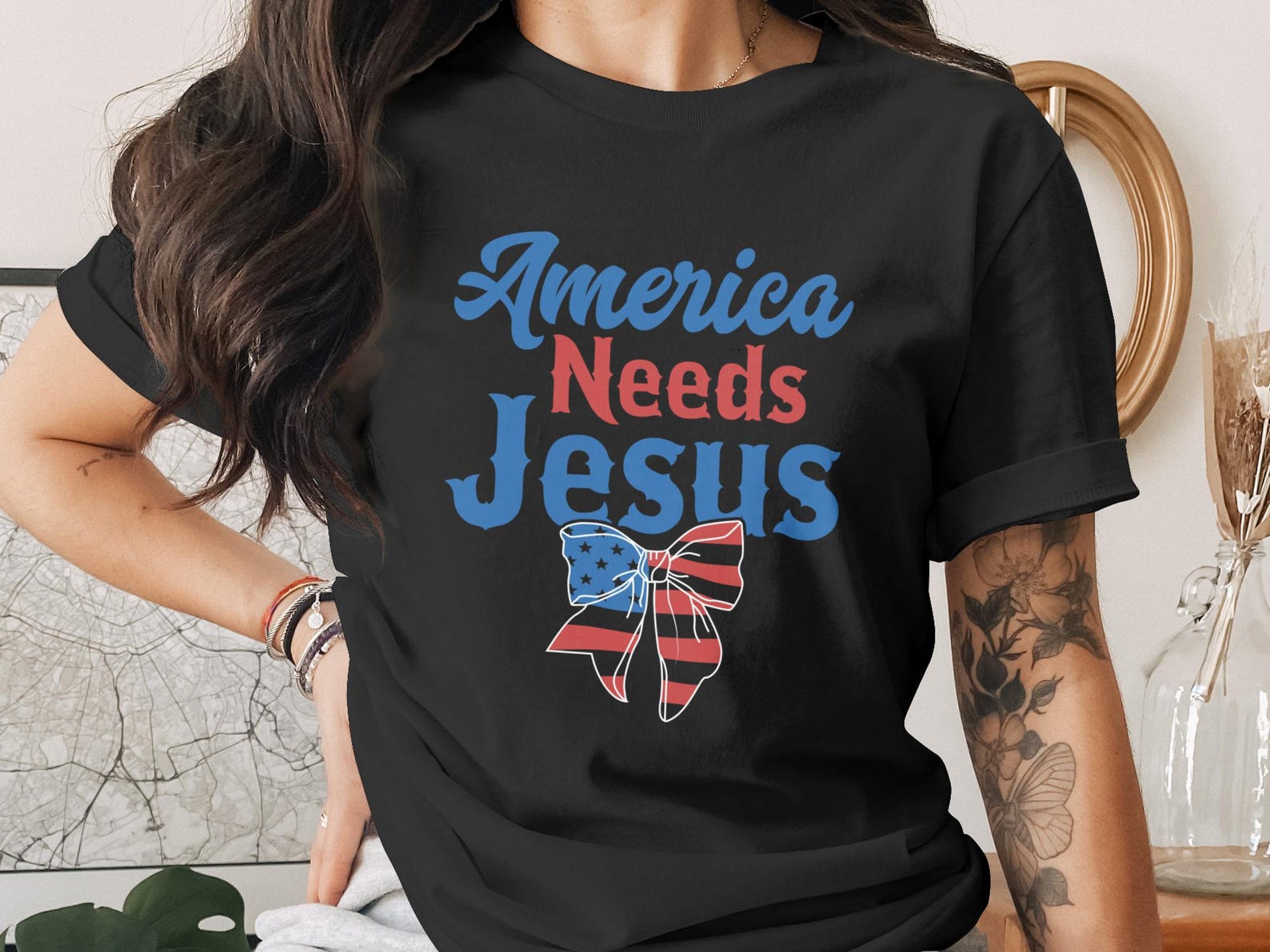 America Needs Jesus T-Shirt | Patriotic Christian Faith Tee | USA Flag Religious Shirt | God Bless America Gift for Him Her S