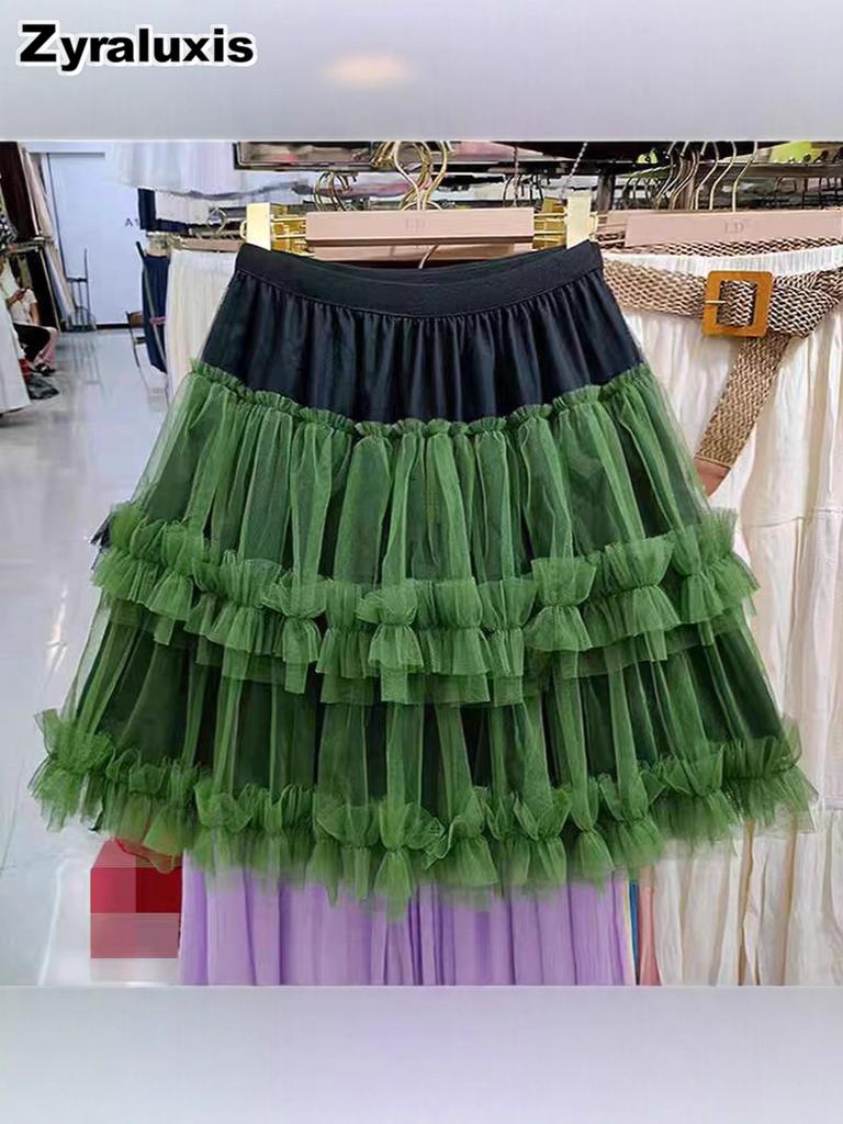 Neues Patchwork Colorblock Netzkleid für Mädchen, Fee Prinzessinnenkleid, Tüllkleid, INS Tanzperformance Halbkörper Kurzer Rock
