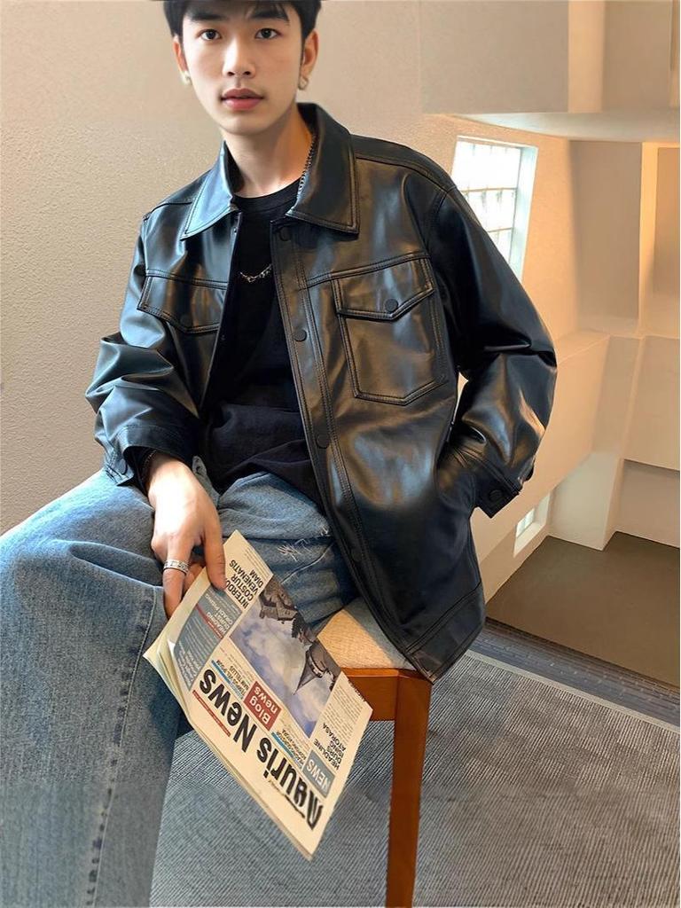 Męska kurtka motocyklowa w stylu koreańskim: Modna Skóra PU, Styl Hongkoński, Luźny Krój, Wszechstronna na Wiosnę/Jesień.