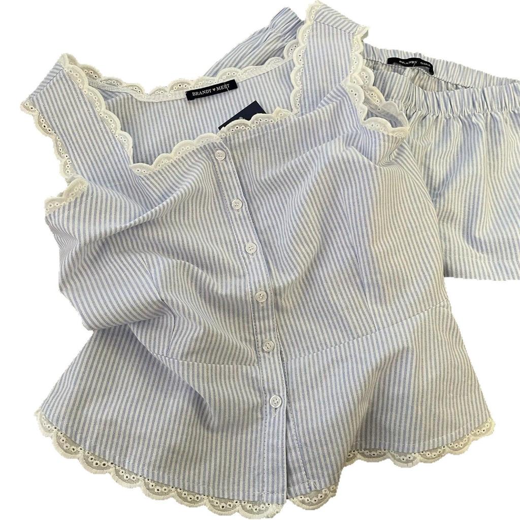 ins striped lace collar vest pajamas girls summer new large size suspender shorts loungewear set