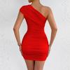 Damenmode Lässig One-Shoulder Bodycon Kleid Raffung Asymmetrischer Saum Minilänge Weicher Dehnbarer Stoff