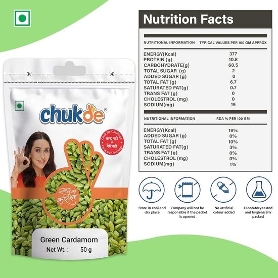 Chukde - Hari Elaichi (1.76 OZ) - Green Cardamom - Authentic Indian Spice - Bold Flavor - Ideal for Tea, Desserts & Curry - Whole Spices - 50 Gram
