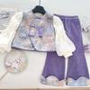 Girls' Autumn 2025 Chinese Style Three-Piece Set: Vest, Base Shirt, and Micro Flared Pants