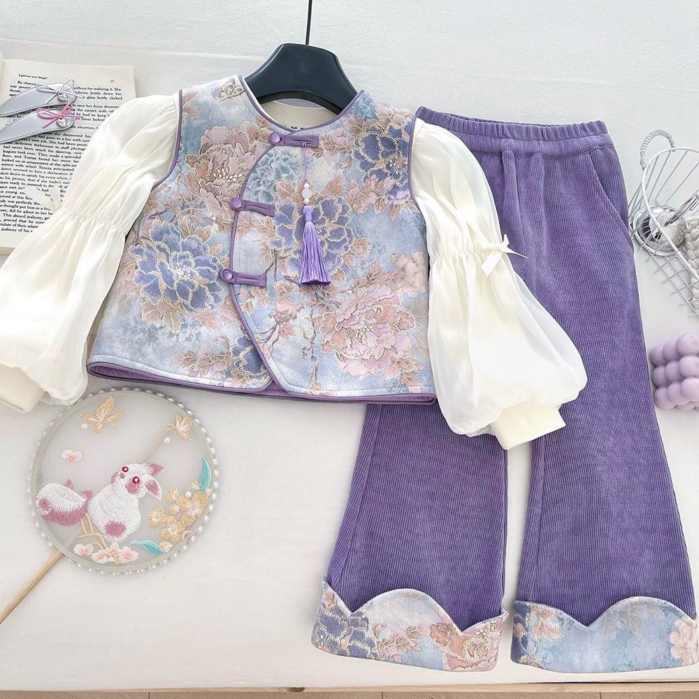 Girls' Autumn 2025 Chinese Style Three-Piece Set: Vest, Base Shirt, and Micro Flared Pants