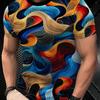 Men Multicolor Wave Line Abstract Allover Print Tee O Neck Short Sleeve Casual Top