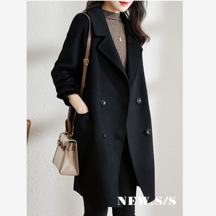 Damski szary płaszcz z mieszanki wełny dwurzędowy średniej długości zimowy jesienny modny ciepły odzież wierzchnia