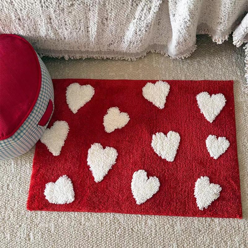 Korean Style Red Velvet Heart Shape Rug Non-Slip Absorbent Floor Mat Bedroom Bathroom Kitchen