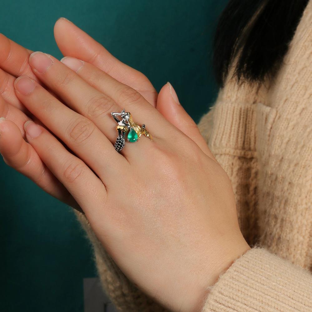 Gorgeous mermaid-shaped design paired with natural green agate gems ring Earrings Set 925 silver fine jewelry for women and girl