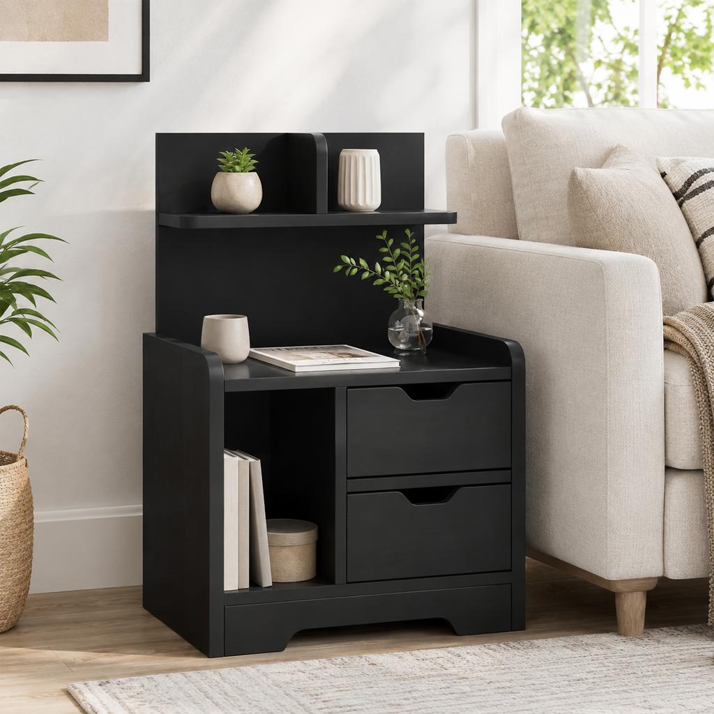 Bedside Table, Small Bedside Cabinet with 2 Drawers and Storage Shelves for Bedroom, Black Wood Effect