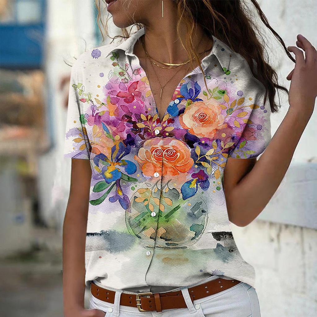 Damemote Uformelt kortermet trykkknapper Lapel Shirt Topp bluse