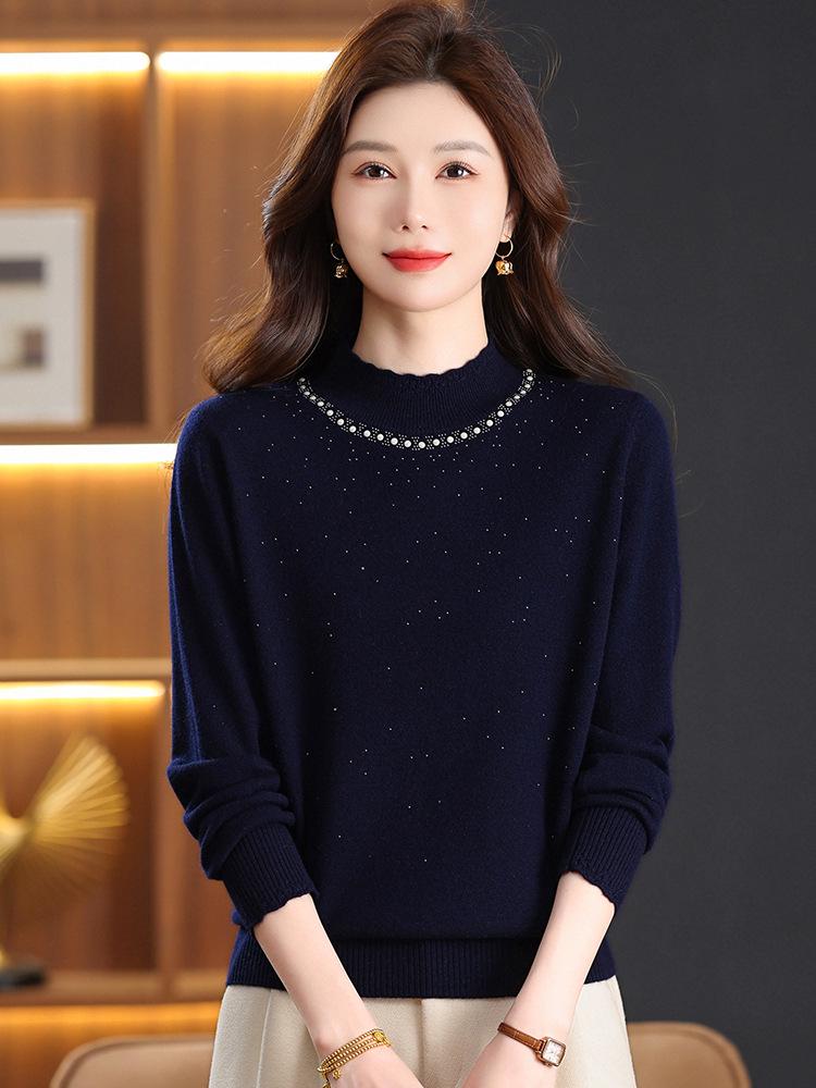 Women's 100% Wool Rhinestone Semi-High Neck Sweater – Fashionable Knitted Base Shirt for Autumn and Winter, Ideal for Middle-Aged and Elderly Mothers