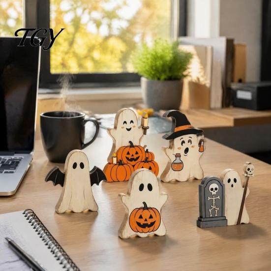 Lightweight Halloween Party Supplies Cute Ghost Sign, Pumpkin Tombstone Wooden Plaque Reusable Autumn Seasonal Accents for Tiered Tray Decor,