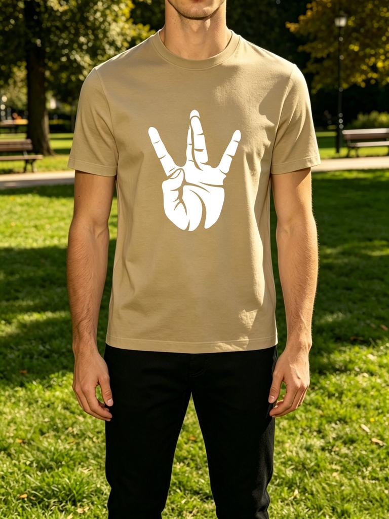 Unisexs Tee Simple Three Finger Hand Sign Print Cotton Short Sleeve Male Streetwear Summer Daily Outdoor Casual Basic Fashion Top