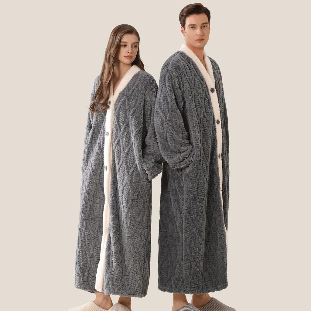 Men's Plush Bathrobe Button Up Long Housecoat Winter Warm SPA Fleece Duster Robe with Pocket Flannel Full Length Loose Fit Nightgown Sleepwear for Men