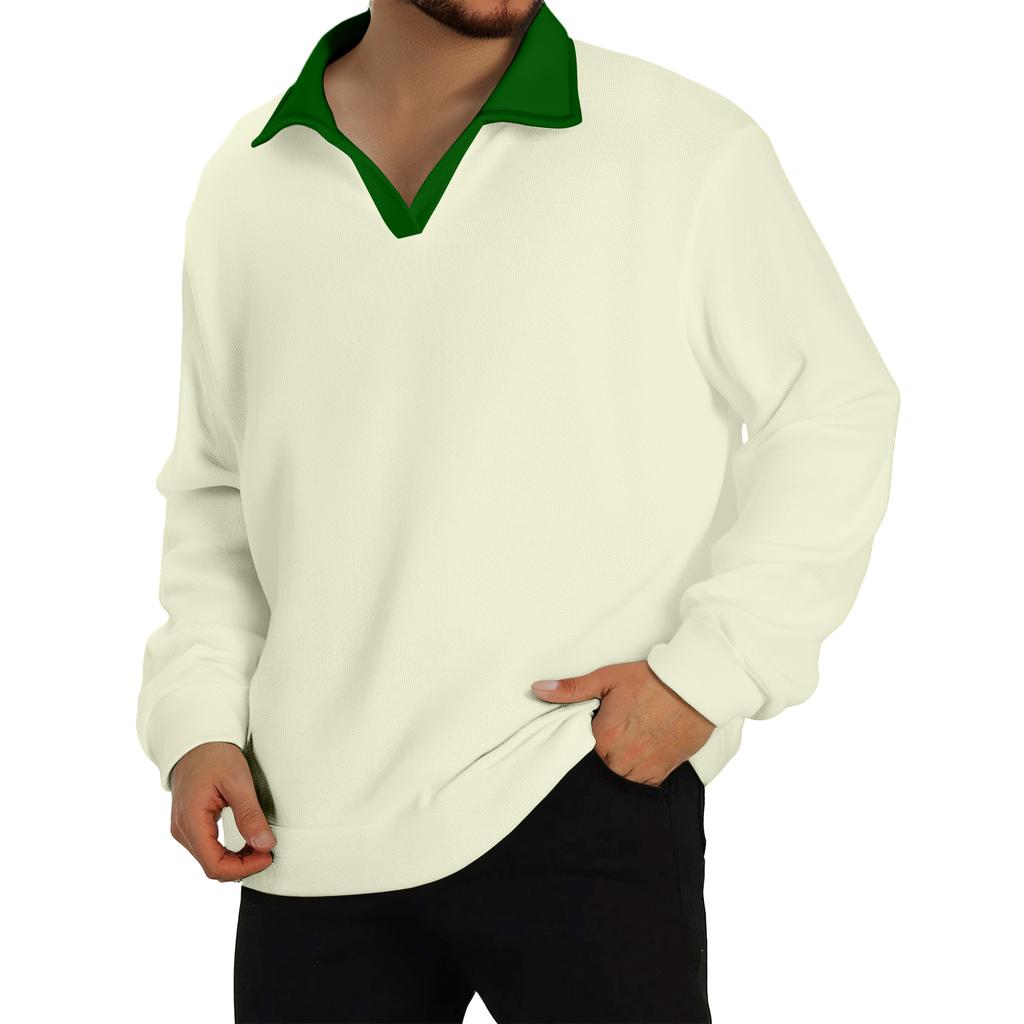 Men's Casual Color-Block Collared Long-Sleeve Knit Base Layer Top